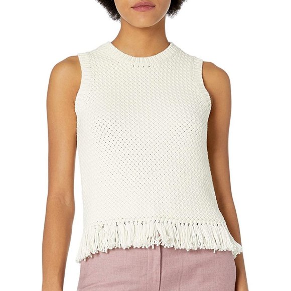 Theory Meenara Crosshatched Knit Tank Sweater Fringe Tassel Boho Bohemian Woven - Picture 13 of 15